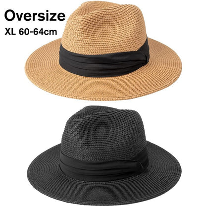 Chapéus de Sol Grandes Oversize para Homens Mulheres Praia Panamá Aba Larga Chapéu de Palha Senhora Chapéus de Sol de Verão Plus Size Chapéu Fedora 55-57cm 58-60cm