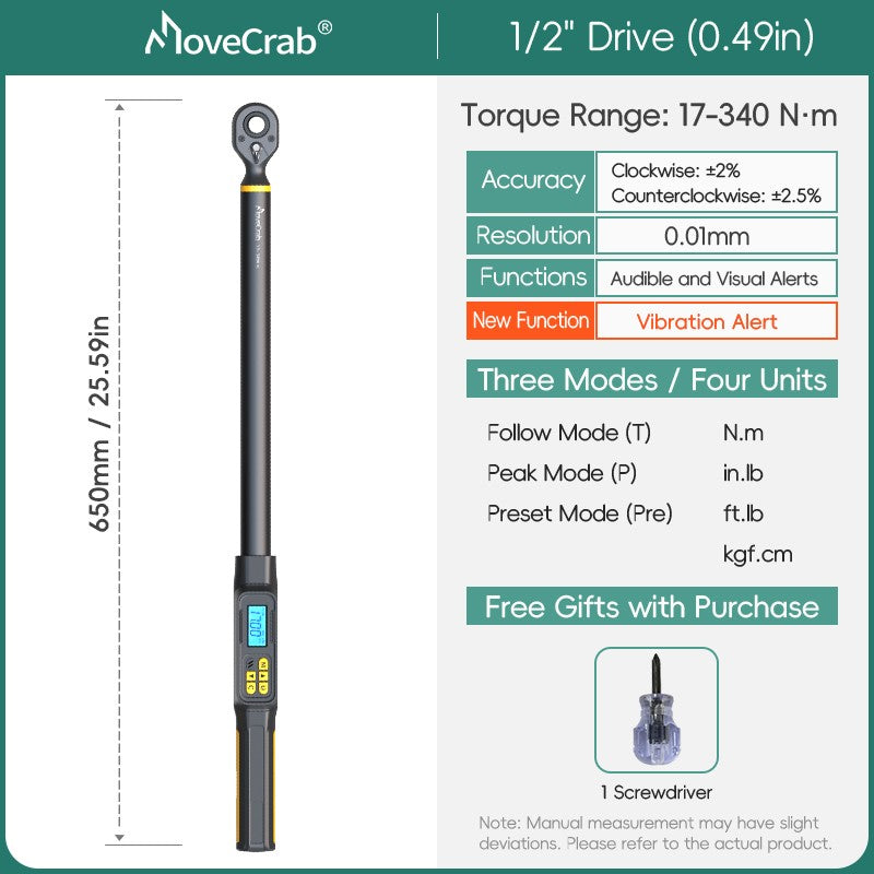 Chave de Torque Digital MOVECRAB 1.5-340 N.m com Valores Predefinidos, Precisão de 2%, Buzzer e Notificação por Flash LED