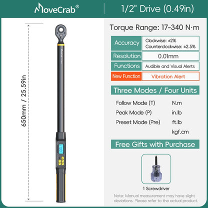 Chave de Torque Digital MOVECRAB 1.5-340 N.m com Valores Predefinidos, Precisão de 2%, Buzzer e Notificação por Flash LED