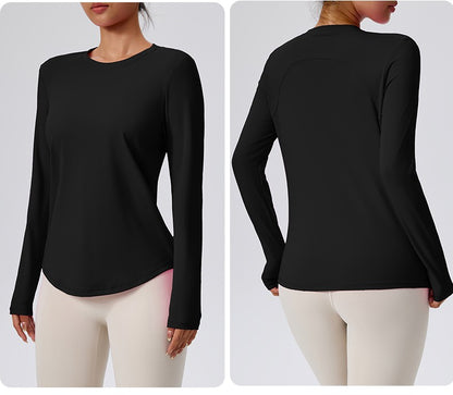 Naked Spring and Autumn Round Neck Fitness Yoga Clothing, Slimming and Slimming Base, Sports Top, Pilates Long Sleeve, Female