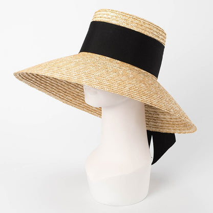 2024 Summer Straw Hat Beach Hat Women's Seaside Sun Hat Vacation Bow Ribbon Flat Top Big Brim Straw Hat praia ??