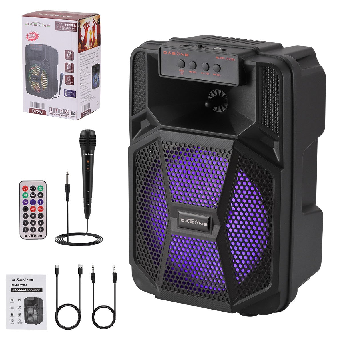 Caixa de Som Portátil Sem Fio Bluetooth 1000W Grande Luz LED Estéreo para Festa FM Karaokê Subwoofer 8 polegadas com Microfone e Controle Remoto