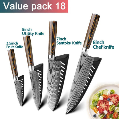 Conjunto de Facas de Cozinha 1-7PÇS Faca de Chef Japonesa Santoku 7CR17 Aço Inoxidável 440C Faca de Imitação de Damasco Cutelo de Carne Fatiador