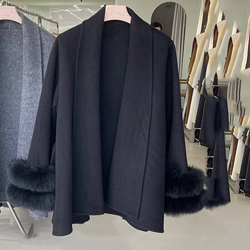 UCXQ Casaco Feminino Elegante OL para Escritório com Retalhos de Pelo Manga Comprida Lã Jaqueta de Roupa Feminina Bonita Outono Inverno 2025
