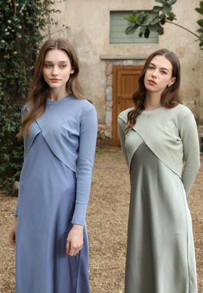 AS 2025 spring summer elegance satin dress + knitted top match set maxi floor le