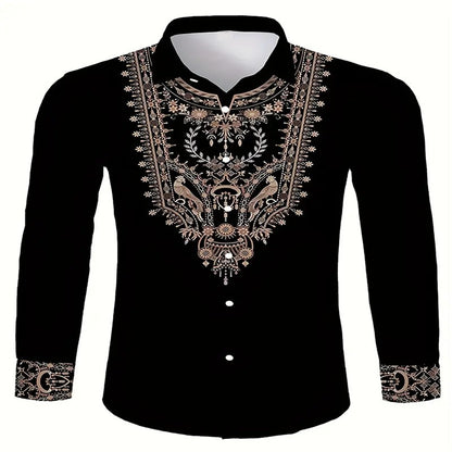 Men's black and red long sleeved shirt with fashionable Pegasus print button up shirt - long sleeved, lapel, non elastic fabric,