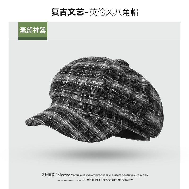 Vintage Plaid Newsboy Cap Women Men British Style Retro Artistic Octagonal Hat Female Male Casual Painter Cap Unisex Fall Winter