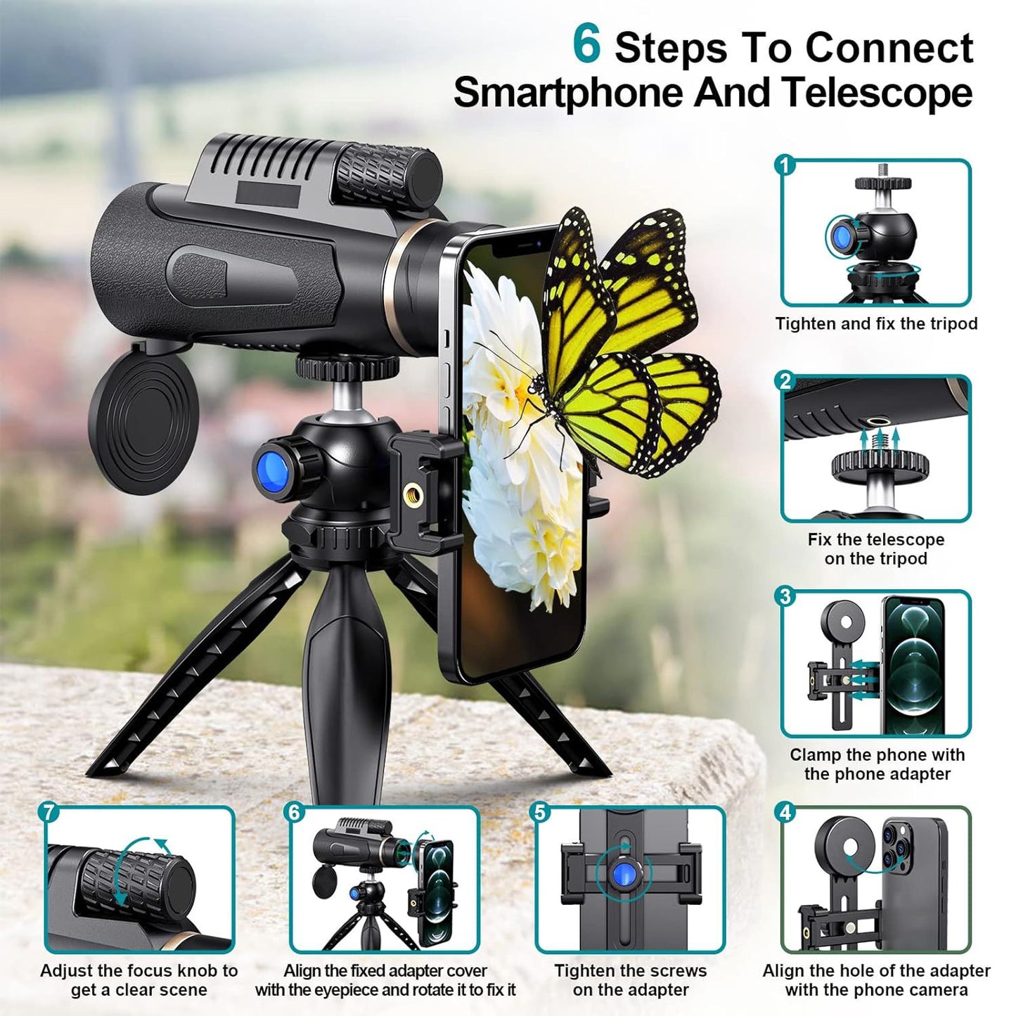 Telescópio monocular 10X, acessório de fixação e tripé para celular, grande ocular para viagem ao ar livre