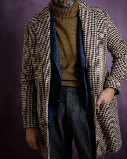 Plaid Men's Overcoat Woolen Warm England Style Double Breasted Thick Loose Mid-Length Casual Trench Winter Coat Male Jacket