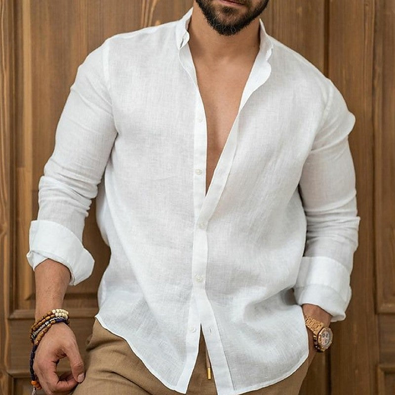 2024 Men's Linen Shirt Beachwear Button Casual Shirt Black White Pink Long Sleeve Solid Color Lapel Spring Summer Men XS-6XL