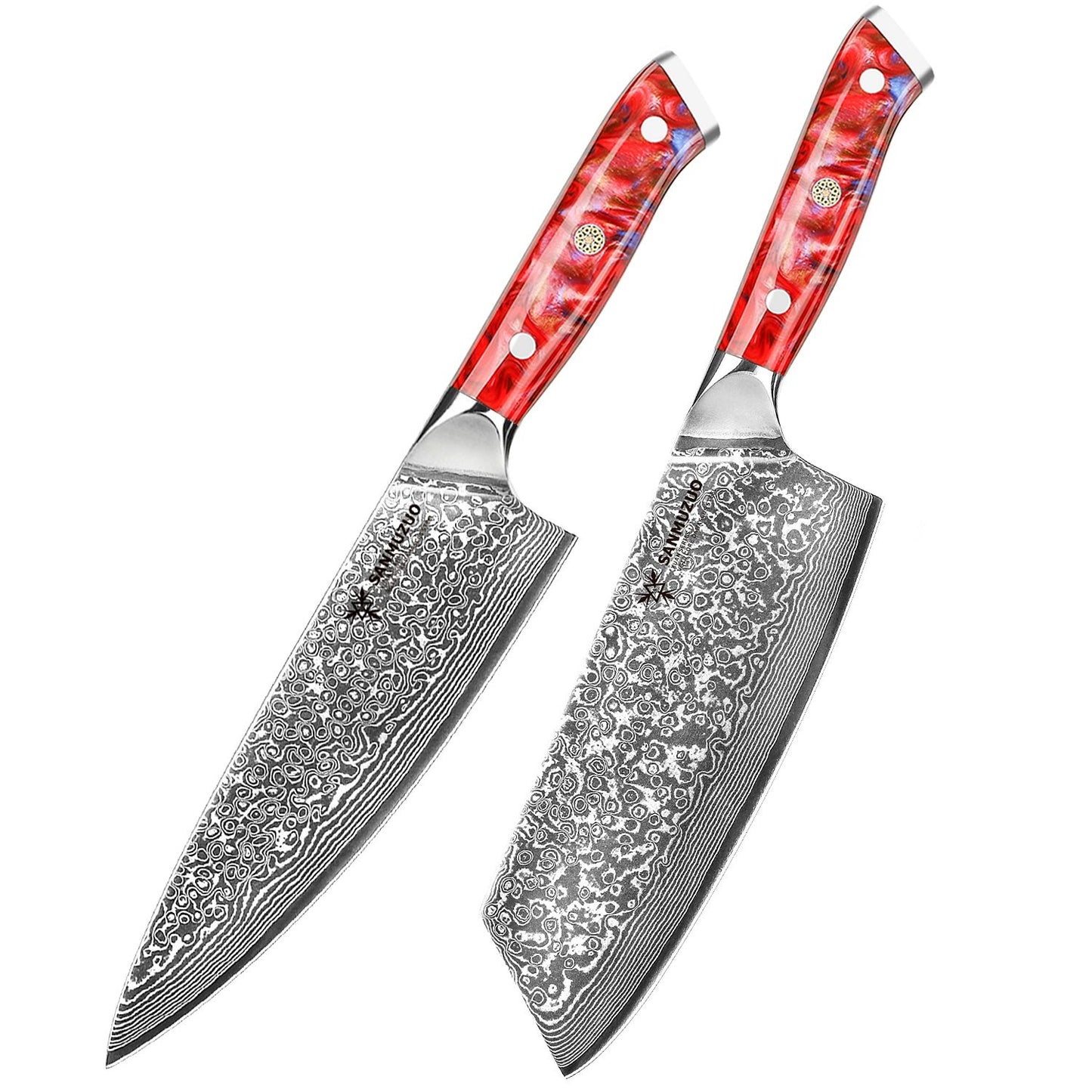 Conjunto de facas de cozinha SANMUZUO 2 peças - Série Xuan - Faca de Chef e Faca Nakiri em Aço Damasco VG10, Melhor Presente para Chefs - Cabo de Resina
