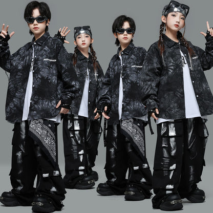 Roupas Infantis Hip Hop Casaco Brilhante Preto Top Calças Jogger Pretas de Rua para Meninas Meninos Fantasia de Dança Jazz Roupas