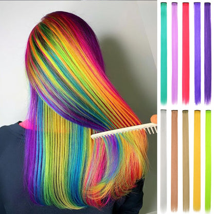 Mechas Coloridas Cabelo Sintético 10 Peças Extensões de Cabelo Liso 55 cm Com Presilha Aplique para Mulheres Festa Cosplay Presentes