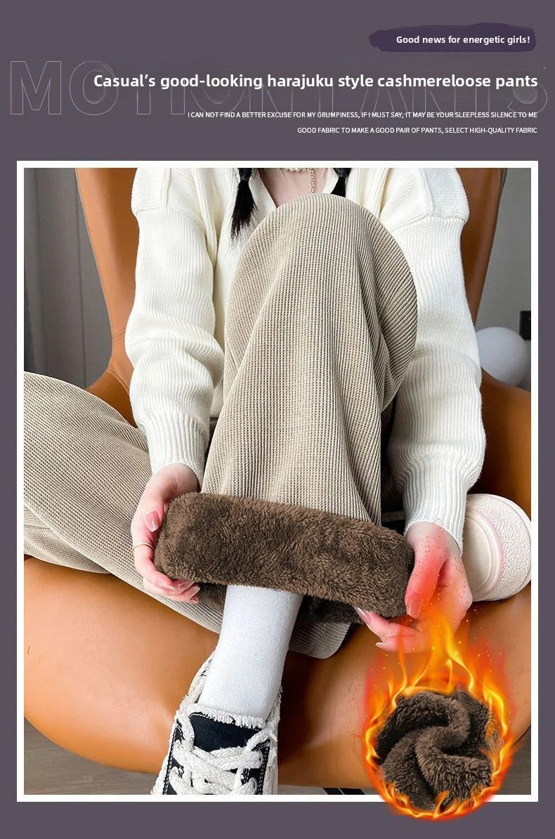 Thickened Fleece Lamb Velvet Large Size Corduroy Wide Leg Casual Straight Leg Pants Women Autumn Winter Special Thick Shiny Casu