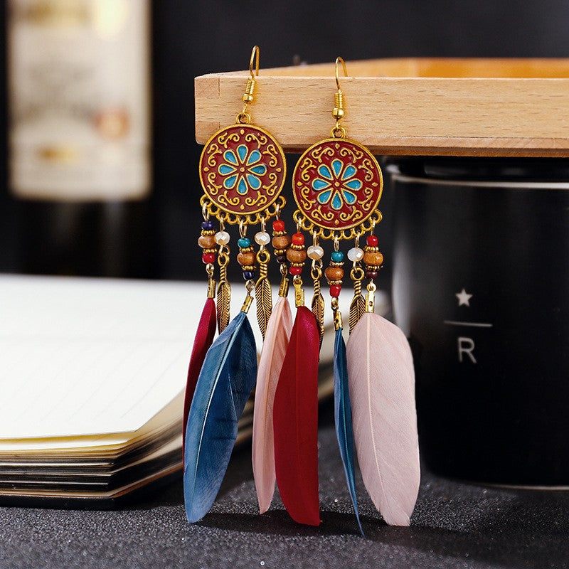 Brincos femininos longos de pena estilo boho, praia, com borla longa, miçangas, flores artesanais esmaltadas, para noiva, casamento, Pendientes Mujer
