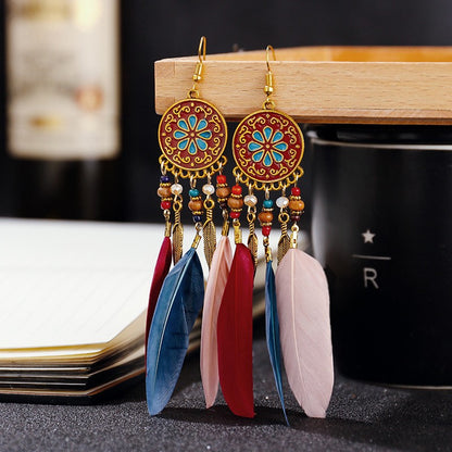 Brincos femininos longos de pena estilo boho, praia, com borla longa, miçangas, flores artesanais esmaltadas, para noiva, casamento, Pendientes Mujer