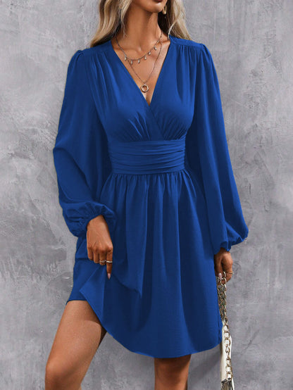 Dresses 2025 Woman Clothing V Neck Lantern Sleeve Wrap Mini Dress Ruched Waist Flowy Hem Elegant for Autumn and Party Styles ?