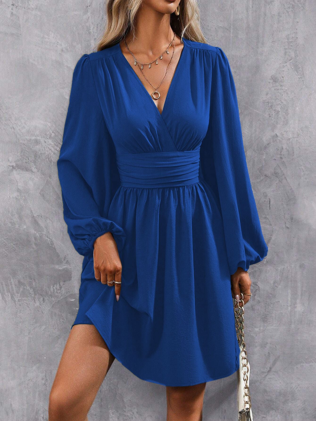 Dresses 2025 Woman Clothing V Neck Lantern Sleeve Wrap Mini Dress Ruched Waist Flowy Hem Elegant for Autumn and Party Styles ?