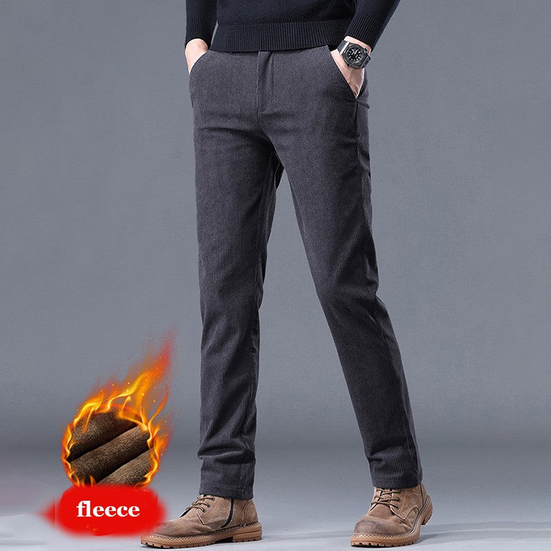 New Fleece Pants Men Casual Work Business Trousers Winter Corduroy Straight Slim Pants Outdoor Streetwear Thick Warm Sweatpants