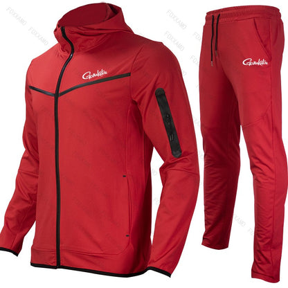 Gamakatsu Fishing Conjunto Completo Masculino Outono-Inverno com Capuz Jaqueta Esportiva Moletom Manga Longa Calças Justas Terno com Capuz