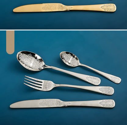 16/24Pcs Silverware Set,304 Stainless Steel Gold Cutlery Kit Mirror Polished Flatware Sets Vintage Carved Utensils Set Tableware