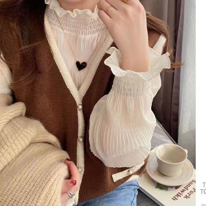 Chiffon Blouse Women Auricular Edge Fairy Gas 2023 New Korean Version Loose Foreign Style Court Bottom Coat