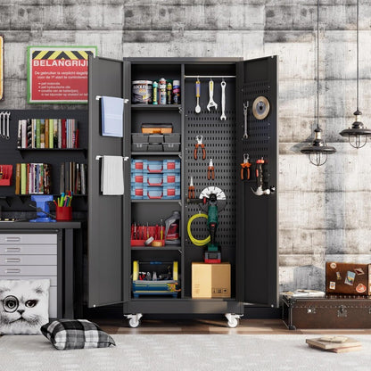 Garage Storage Cabinet with Wheels, Broom Closet Storage Cabinet with Pegboards and Adjustable Shelves, Metal Tool Cabinet