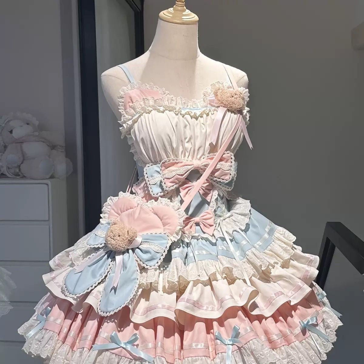 Summer Japanese Style Kawaii Lolita Dress Women Party Vintage Sweet Lace Bow Birthdays Cake Dresses Harajuku Y2k Bandage Dress