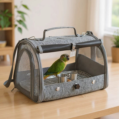 Gaiola de Pássaro para Transporte de Papagaio com Poleiro e Bandeja para Pássaros Pequenos Animais Periquito Agapornis Calopsita Cinza Africano Bolsa de Viagem para Animais de Estimação