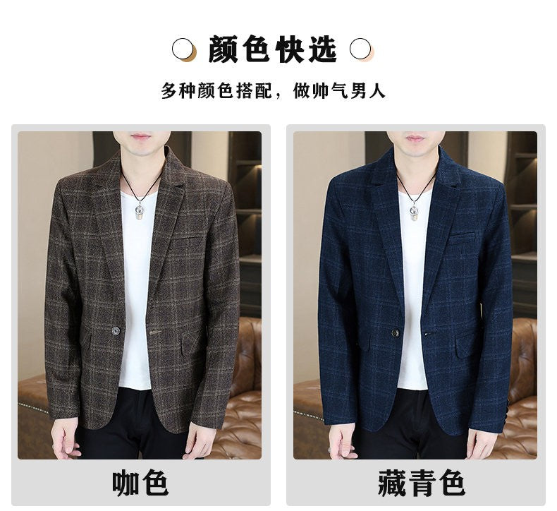 Blazer's New Men's Fashion Outdoor Travel Camping Youth Wedding Hosting Campus Slimming Casual Checkered Korean Version Blazer