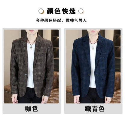 Blazer's New Men's Fashion Outdoor Travel Camping Youth Wedding Hosting Campus Slimming Casual Checkered Korean Version Blazer