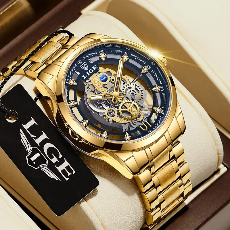 LIGE New Men Watch Skeleton Quartz Wristwatch Gold Skeleton Retro Man Watch Top Brand Luxury Clock Mens Watches Reloj Hombre