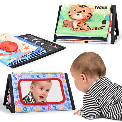 Livro de Pano Engraçado em Preto e Branco para Bebês Brinquedo Educacional Montessori para Crianças Recém-nascidos Brinquedos com Espelho para Tummy Time