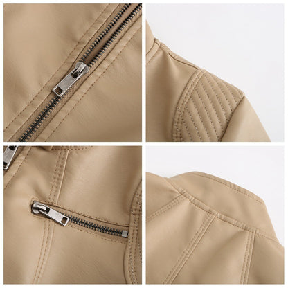 Women's Slim Leather Jacket, Stand-up Collar, Zipper Stitching, Monochromatic Coat, Fashion Clothing, New