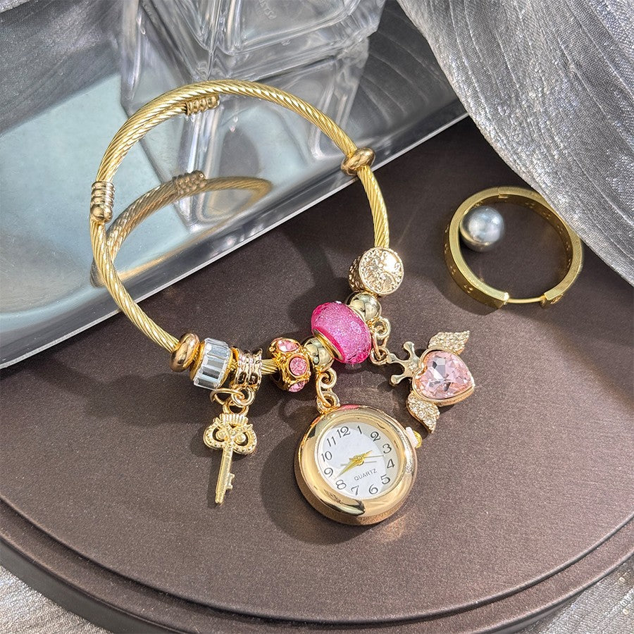 Cross-border Gold Bracelet Watch Adjustable opening Alloy bracelet Quartz Watch Beaded Small flower bracelet Watch