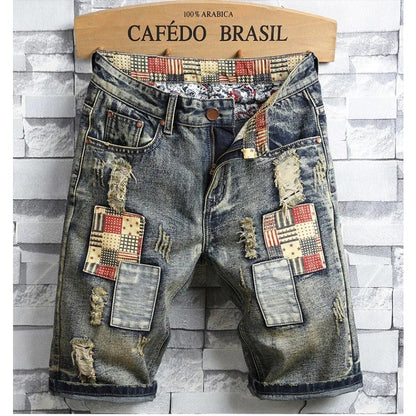 High Quality Men's Summer Holes Denim Shorts Jeans Men Straight Retro Shorts Jeans Men Knee Length Cowboy Jeans Shorts Size 40