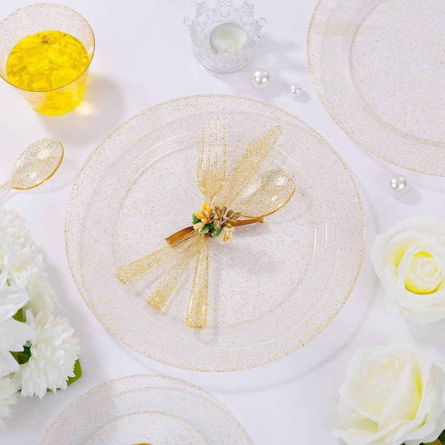 700 Pcs Gold Glitter Plastic Dinnerware Sets Disposable Plates for Party Include: 100 Dinner Plate 100 Dessert Plate 100 Paper