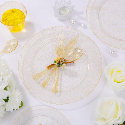 700 Pcs Gold Glitter Plastic Dinnerware Sets Disposable Plates for Party Include: 100 Dinner Plate 100 Dessert Plate 100 Paper