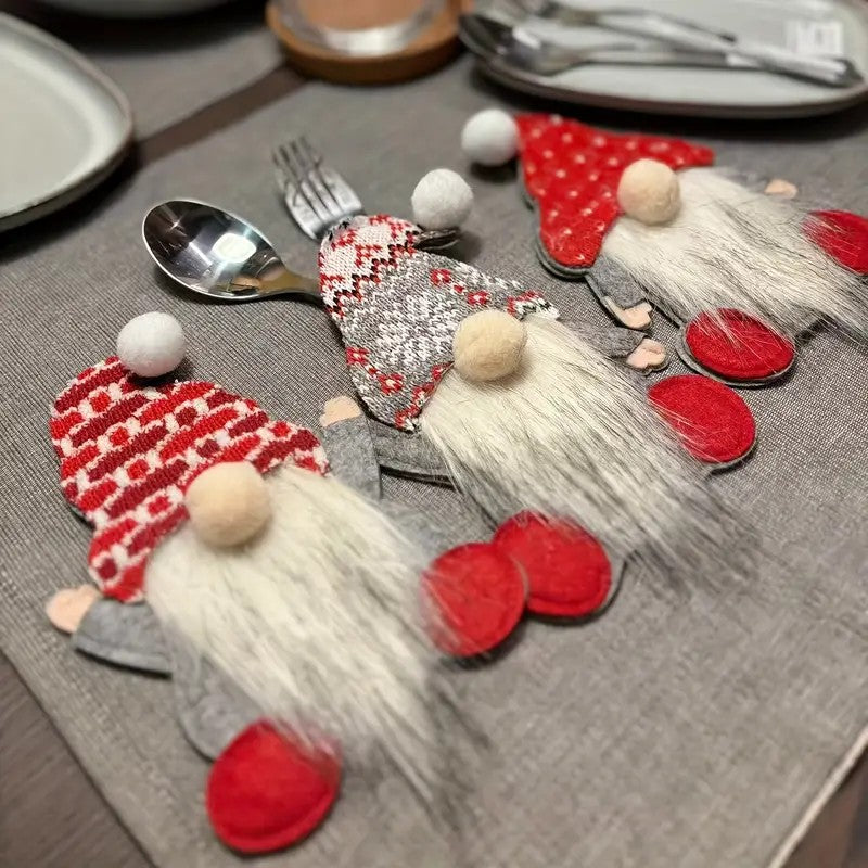Um conjunto de 6 talheres (garfo e faca) temático de anões com um saco de armazenamento de tecido - talheres xadrez vermelho e branco, adequado para o Natal