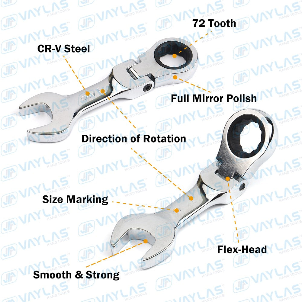 1 chave catraca mini 6-19mm, ferramenta de chave fixa ultracurta, chave catraca com cabeça flexível, chave combinada curta 72T Aço CR-V