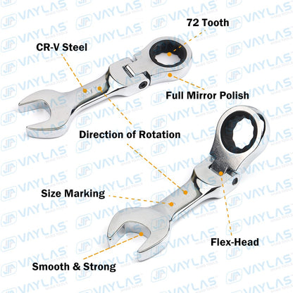 1 chave catraca mini 6-19mm, ferramenta de chave fixa ultracurta, chave catraca com cabeça flexível, chave combinada curta 72T Aço CR-V