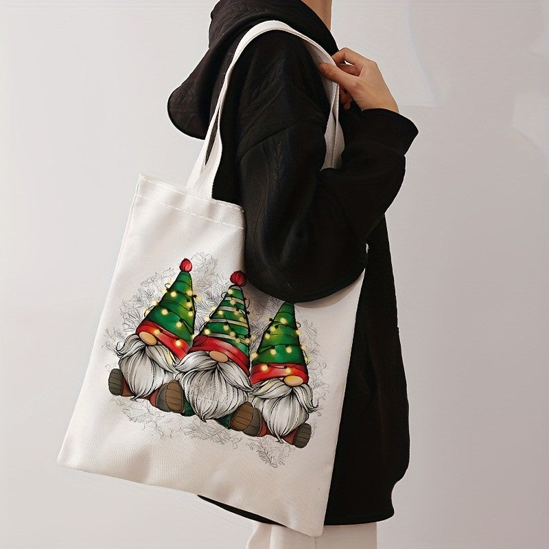 Christmas Gnome and Tree Pattern Tote Bag Casual Shoulder Shopping Bag Reusable Fashion Multi-functional Handbag Holiday Gift