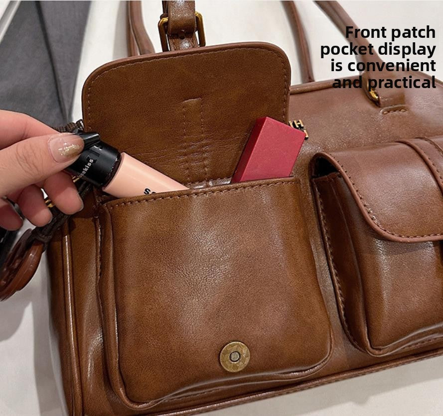 Women's Coffee Brown Multi-Pocket Handbag Shoulder Bag, Stylish Versatile Letter Crossbody Purse for Travel Work Shopping Dates