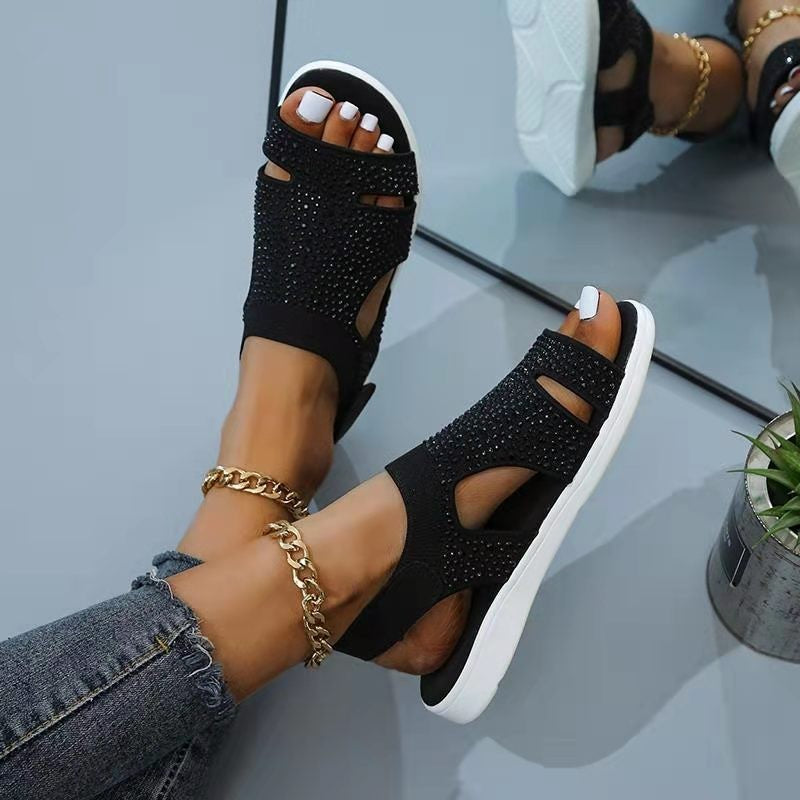 2023 New Summer Women Sandals Sexy Shoes Crystal Casual Woman Flats Buckle Strap Ladies Fashion Beach Shoe Big size 36-43