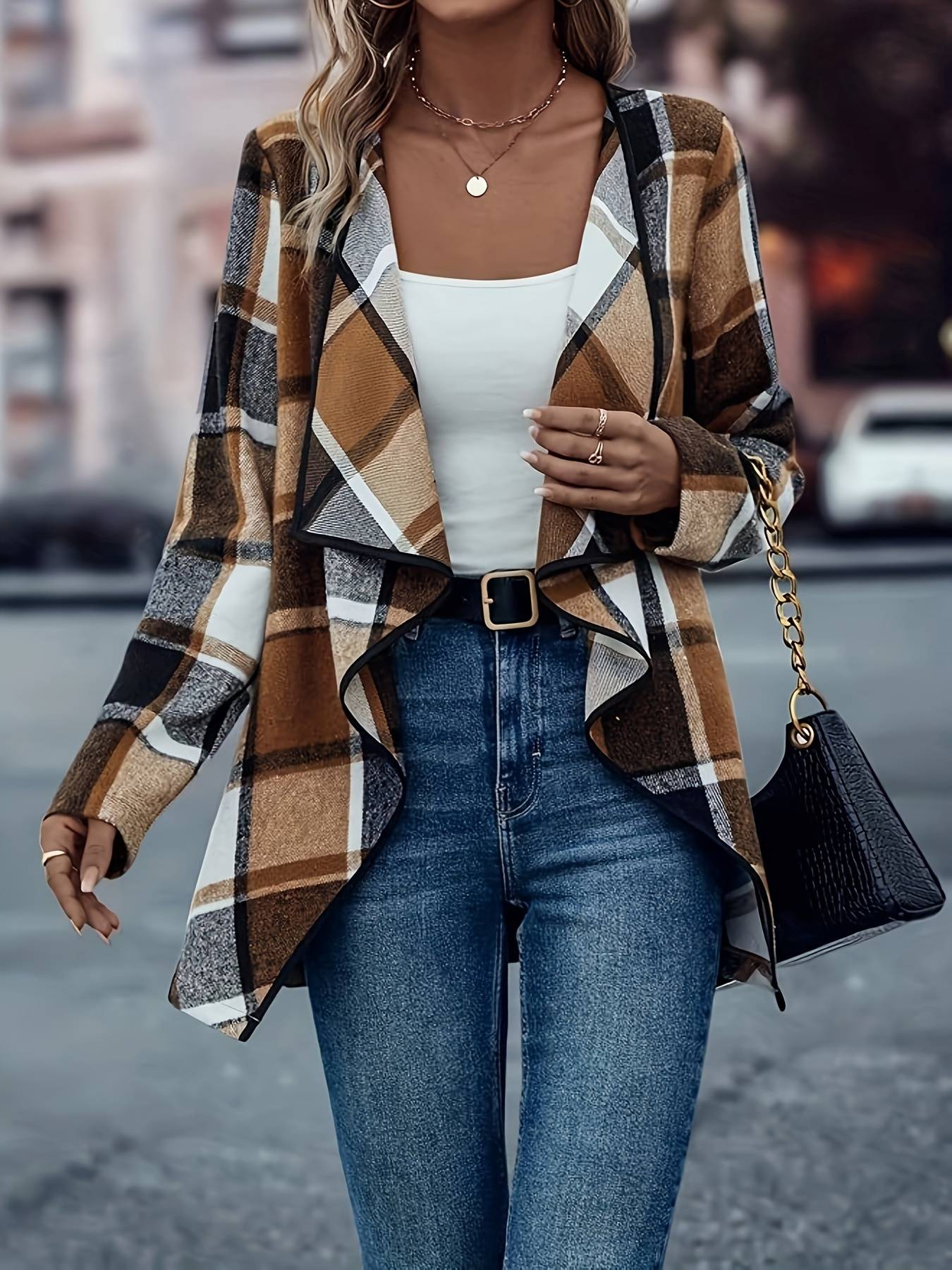 Women Plus Size Woven Open Front Long Sleeve Checkered Pattern Casual Jacket Classic Plaid Outerwear for Spring Autumn