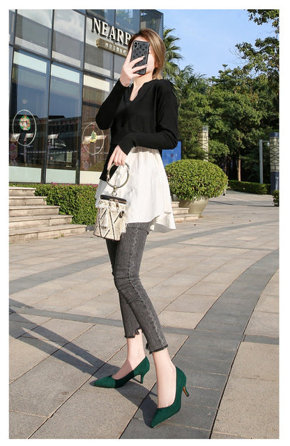 European American Fashionable Pointed High Heels Women With Rhinestone Bows Shallow Mouth Mid-Heeled Single Shoes Silk Satin