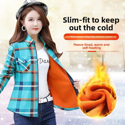 Thickened Fleece Women's Casual Shirt Korean Style All-Match Slim Fit Warm Plaid Elastic Large Size Button down Coat