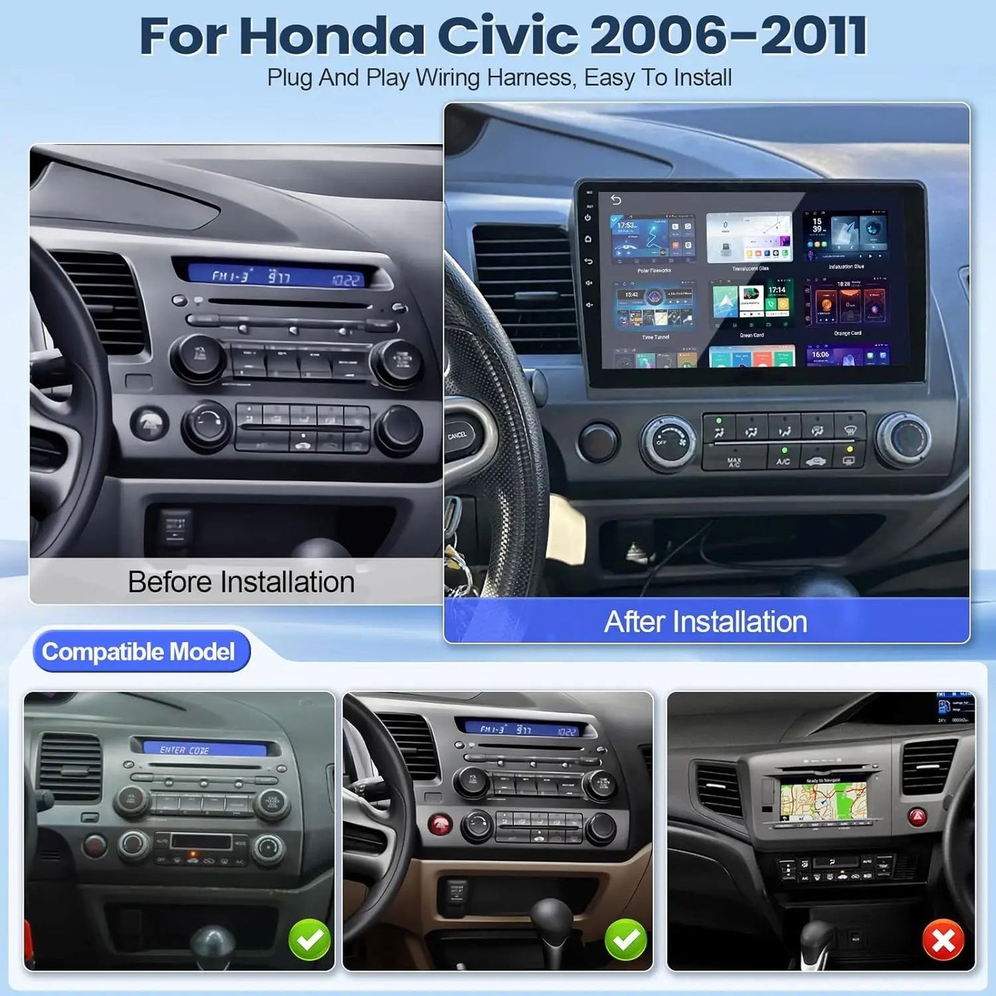 Suporte de Rádio Estéreo para Carro CarPlay e Android Auto Sem Fio para Honda Civic 2006-2011 Tela Sensível ao Toque IPS de 10" Bluetooth/WiFi/Câmera Traseira
