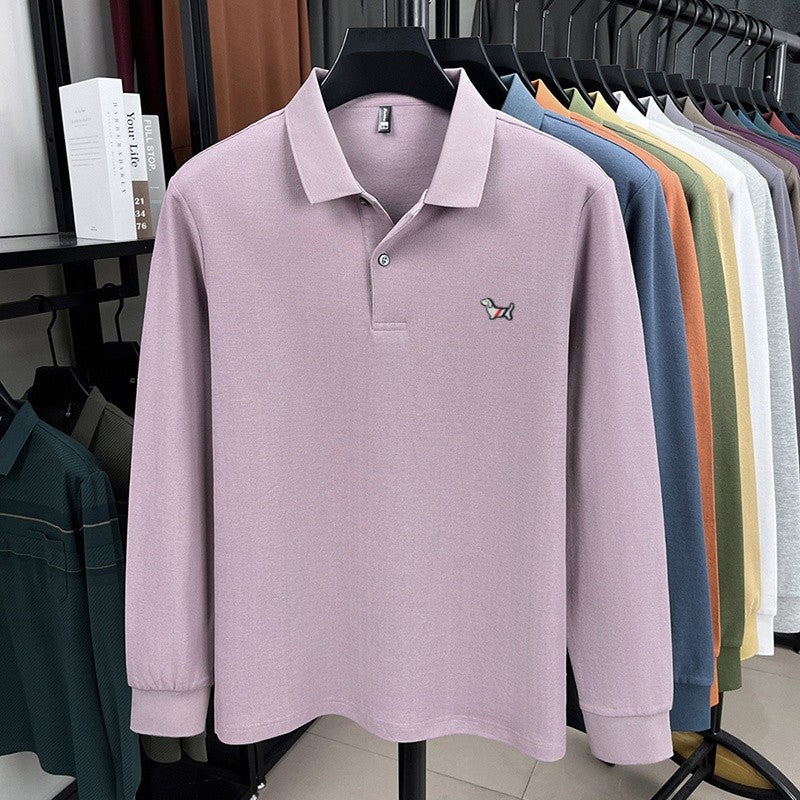 100% pure cotton spring and autumn fashionable men's collar striped long sleeved polo shirt with micro seal dog embossed design