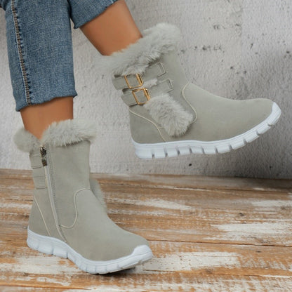 Winter Round Toe Plus Velvet Warm Side Zipper Casual Mid-calf Boots New Comfortable Fashionable Buckle Flat Snow Boots for Women